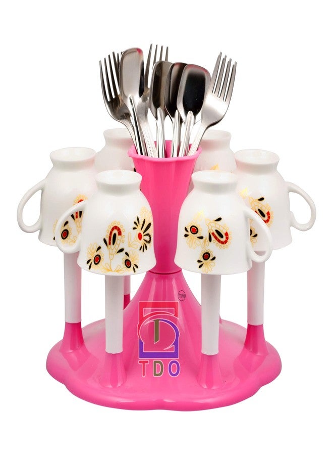TDO Pink Plastic Cup Stand, 6 Rack Tea, Coffee, Chai Holder, Dining Table Cutlery Stand, Portable, Lightweight, 10 IN Height, 14 IN Width - Image 1